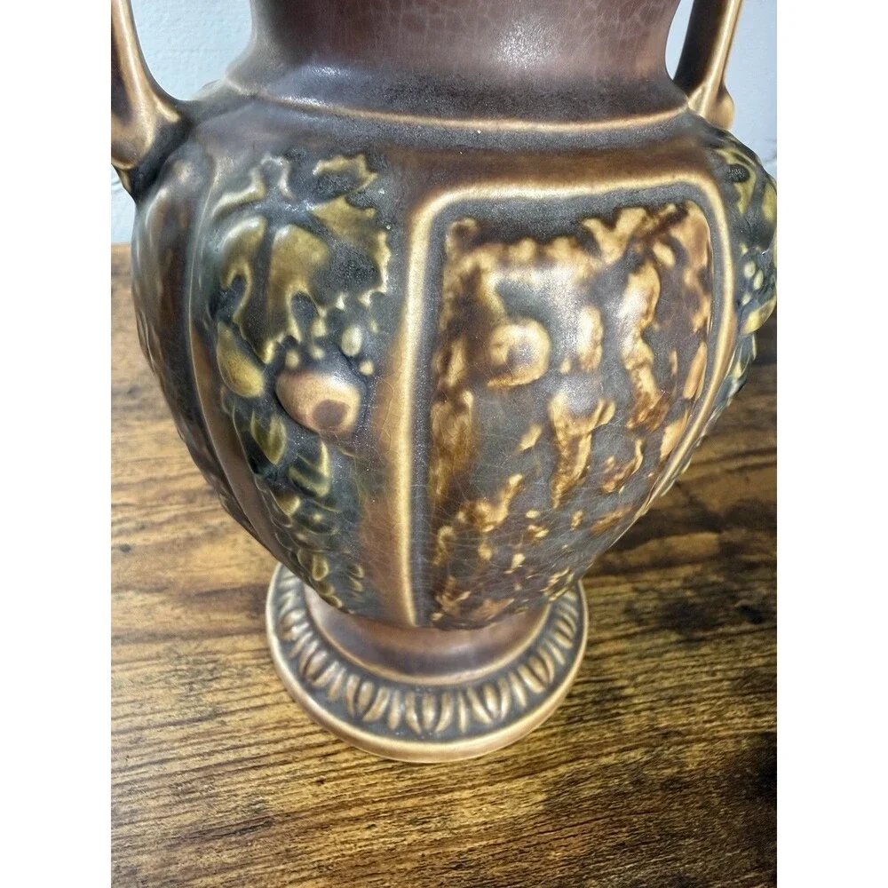 Roseville Pottery Grapevine Amphora Vase Double Handle Brown Art Pottery 8.5”